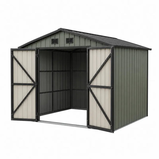 Metalowy szop ogrodowy ze stali z podwójnymi drzwiami 240x180x205 cm zielono-kremowy