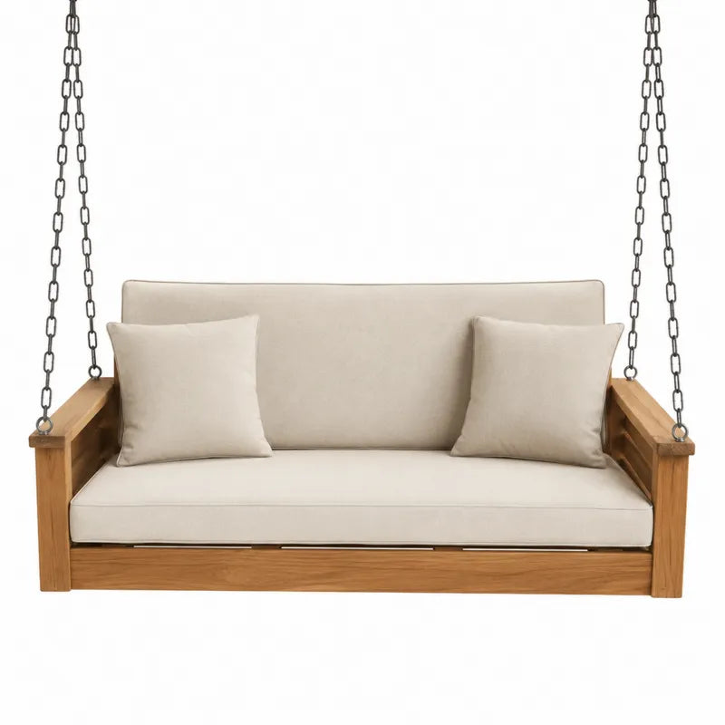 Drewniana sofa huśtawka z poduszkami i łańcuchami 150 cm